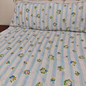 Vintage 1940s Look Floral Stripe Duvet Cover Bedspread Cottage Core Kawaii FULL